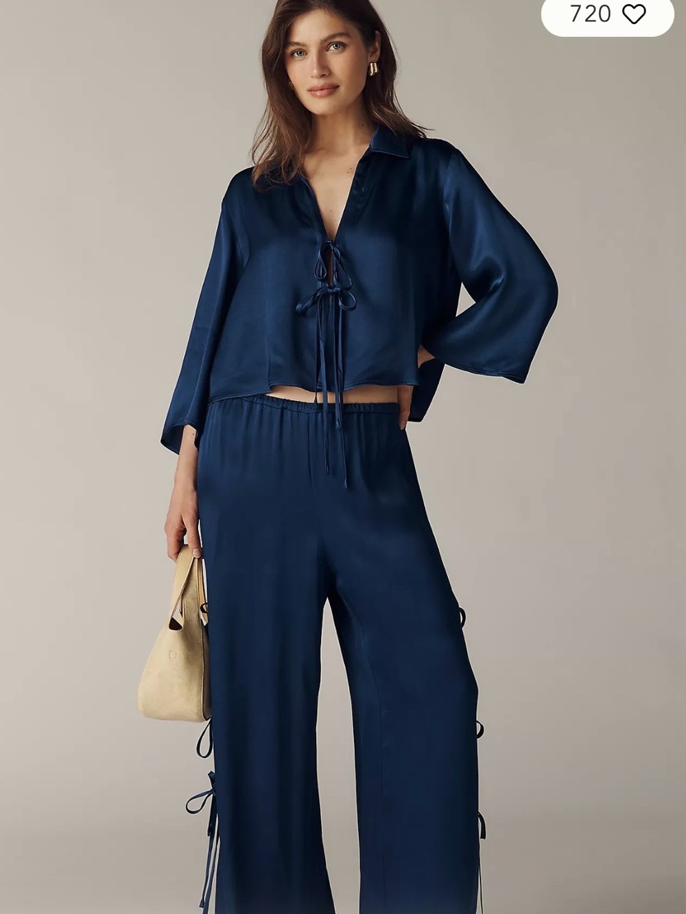 Anthropologie Satin Navy Wide-Leg Pull-On Pants